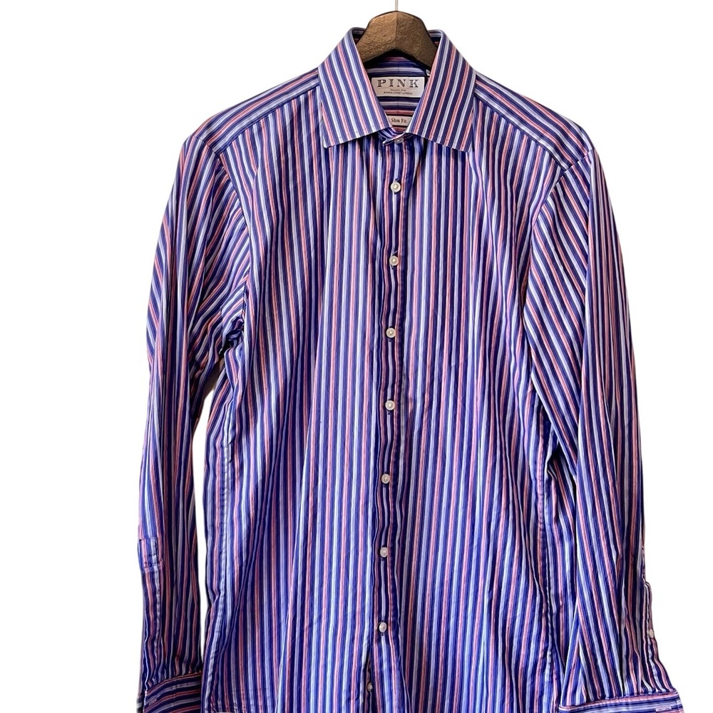 Thomas Pink Slim Fit Dress Shirt Mens 15 38cm Blue Red Stripe French Cuff Cotton